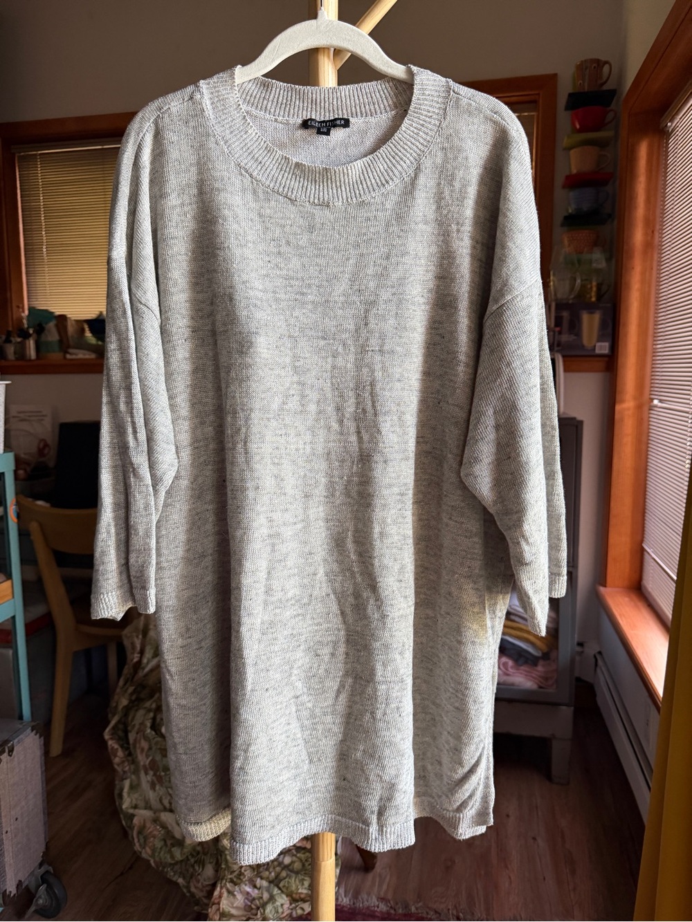 Eileen Fisher 100% linen gray knit 3/4 sleeve sweater size XL